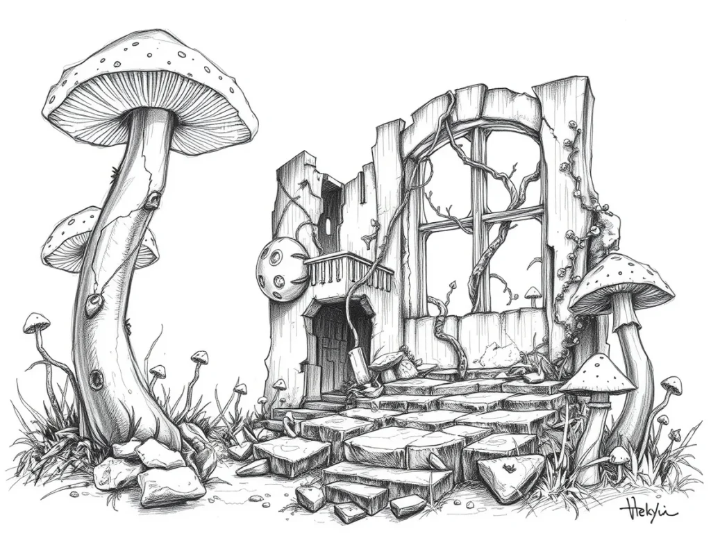 A black and white hand-drawn sketch of an adorable mushroom garden maze with tall mushroom walls