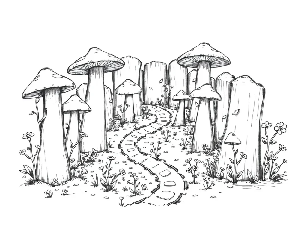 A black and white hand-drawn sketch of an adorable mushroom garden maze with tall mushroom walls