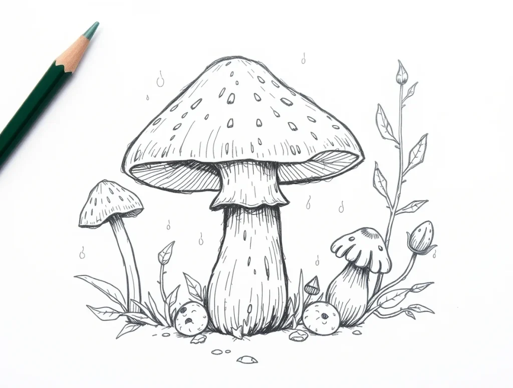 Hand-drawn black and white sketch A whimsical scene of a patch of mushrooms and tall grass