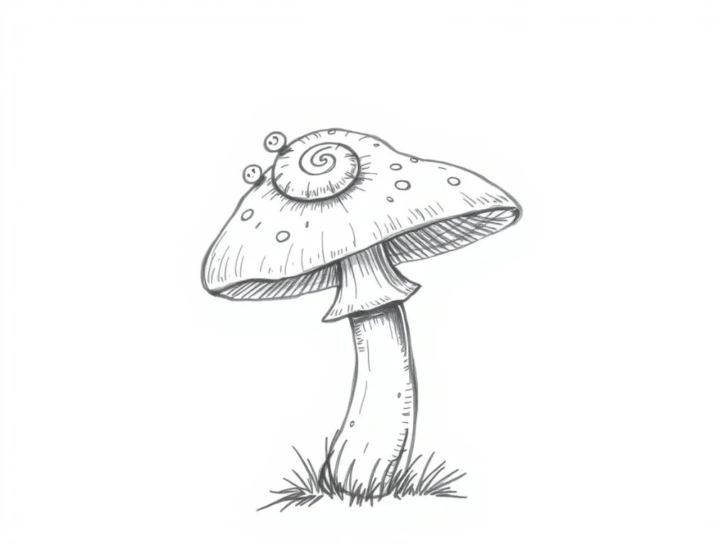 A hand-drawn black and white sketch of a mushroom with a spiraled cap and small critters.