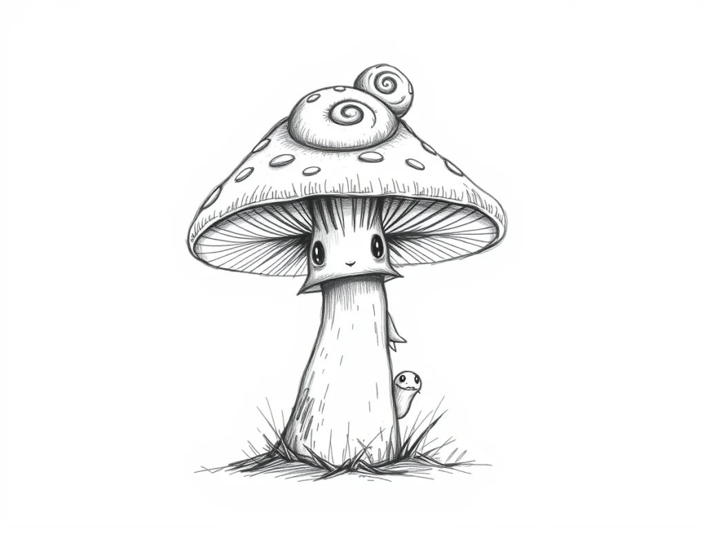 A hand-drawn black and white sketch of a mushroom with a spiraled cap and small critters.