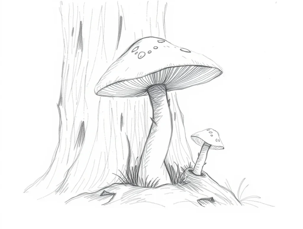 A hand-drawn black and white sketch of a mushroom with a spiraled cap and small critters.