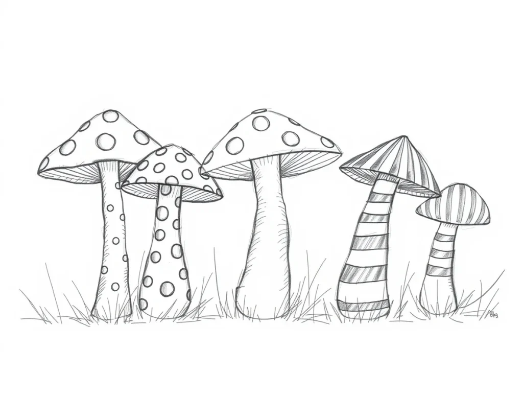 A hand-drawn black and white sketch of a mushroom with a spiraled cap and small critters.