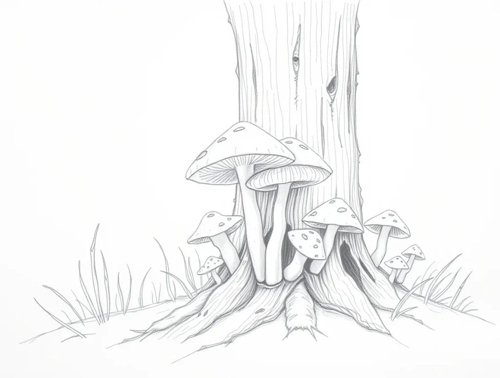 A hand-drawn sketch of mushrooms growing from a tree trunk