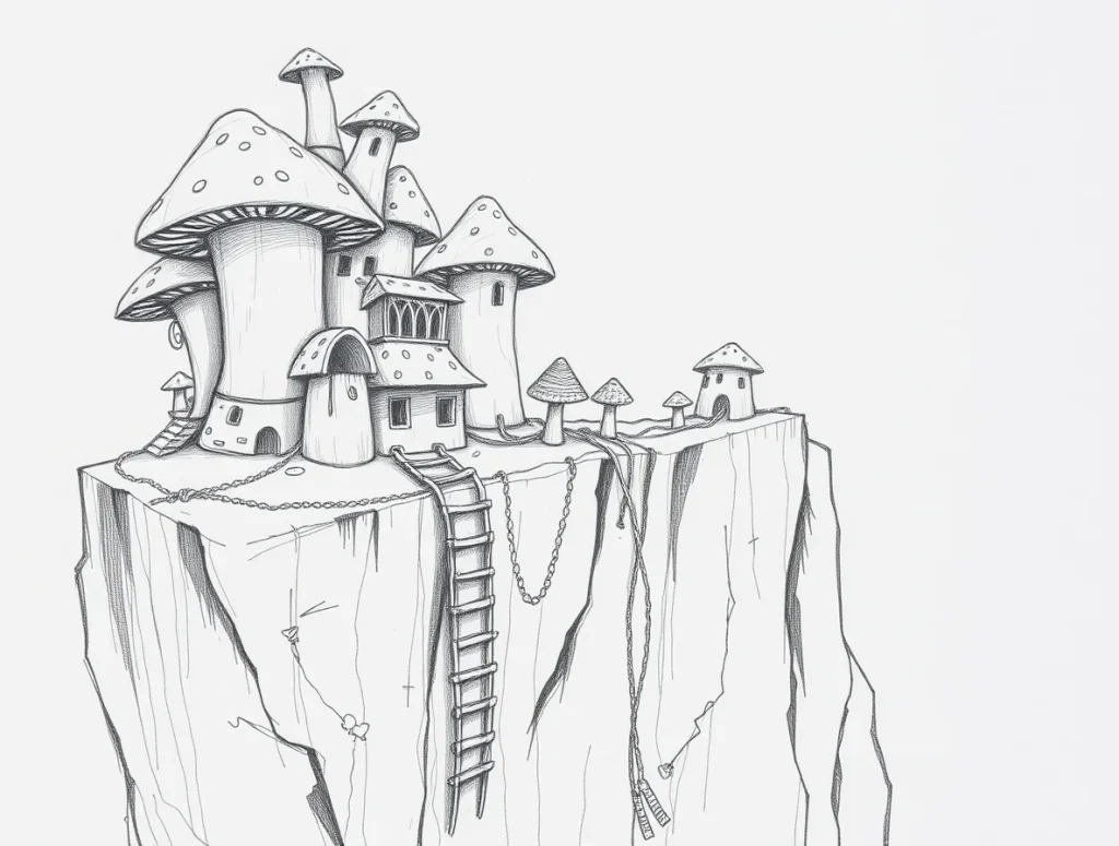 A high-contrast extreme macro close-up hand-drawn sketch of a mushroom city on a cliff, featuring mushroom buildings, ropes, and ladders