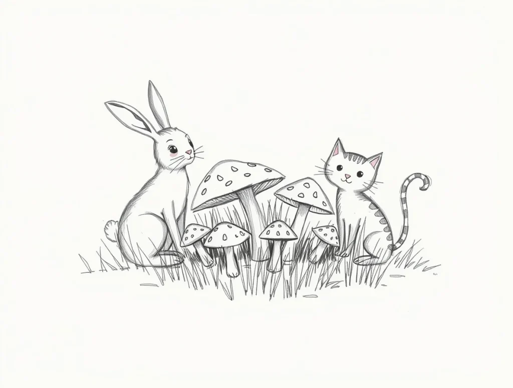 A whimsical black and white hand-drawn sketch depicting a patch of mushrooms surrounded by tall grass. A rabbit and cat