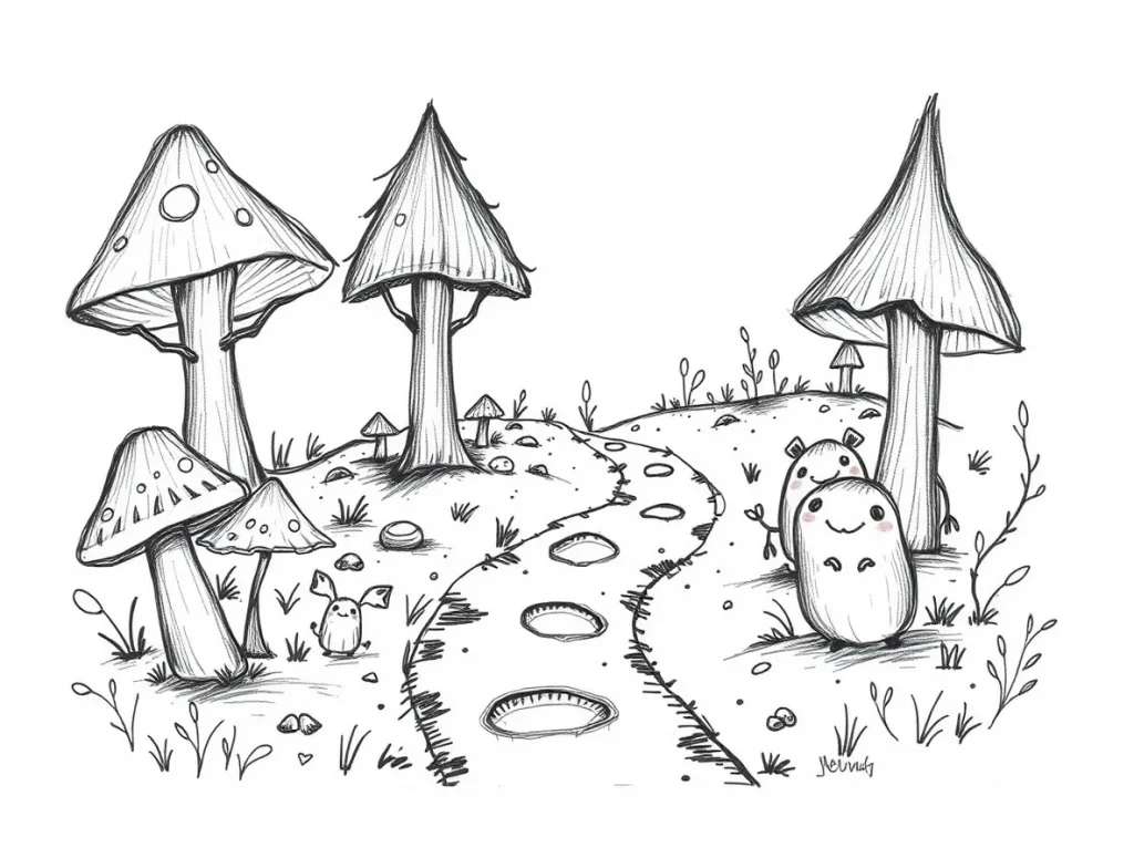 A whimsical hand-drawn sketch in black and white, depicting a mushroom