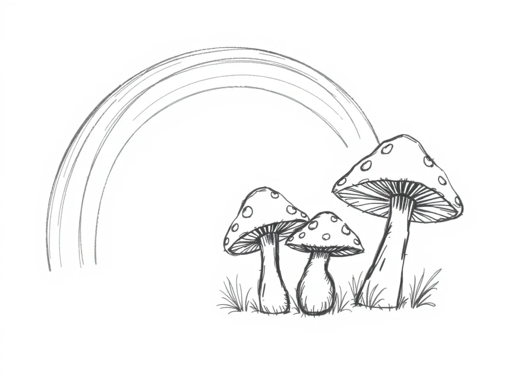 Black and white hand-drawn sketch of cute mushrooms and a rainbow