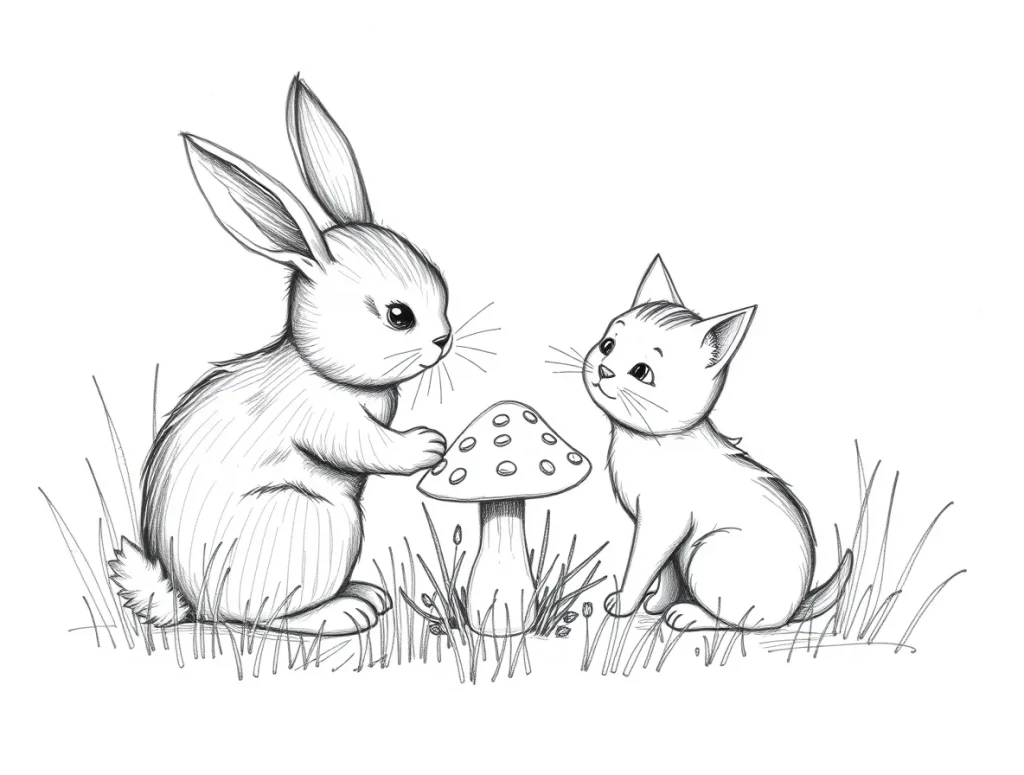 Charming black and white hand-drawn sketch A rabbit and cat playfully interact