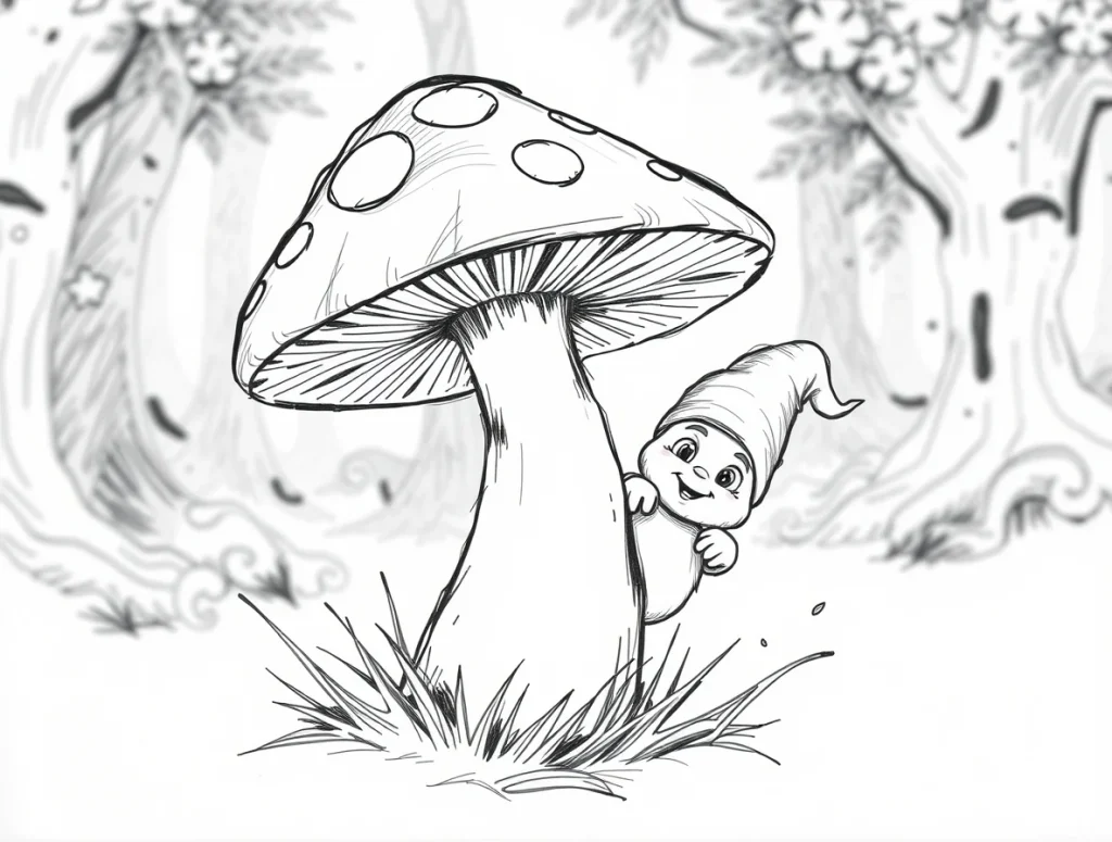 Elegant black and white hand-drawn sketch, dynamic motion, large toadstool, cute gnome peeking