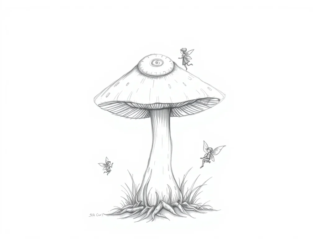 Ethereal, spiritual vibe, hand-drawn sketch of a magical mushroom with a spiral cap