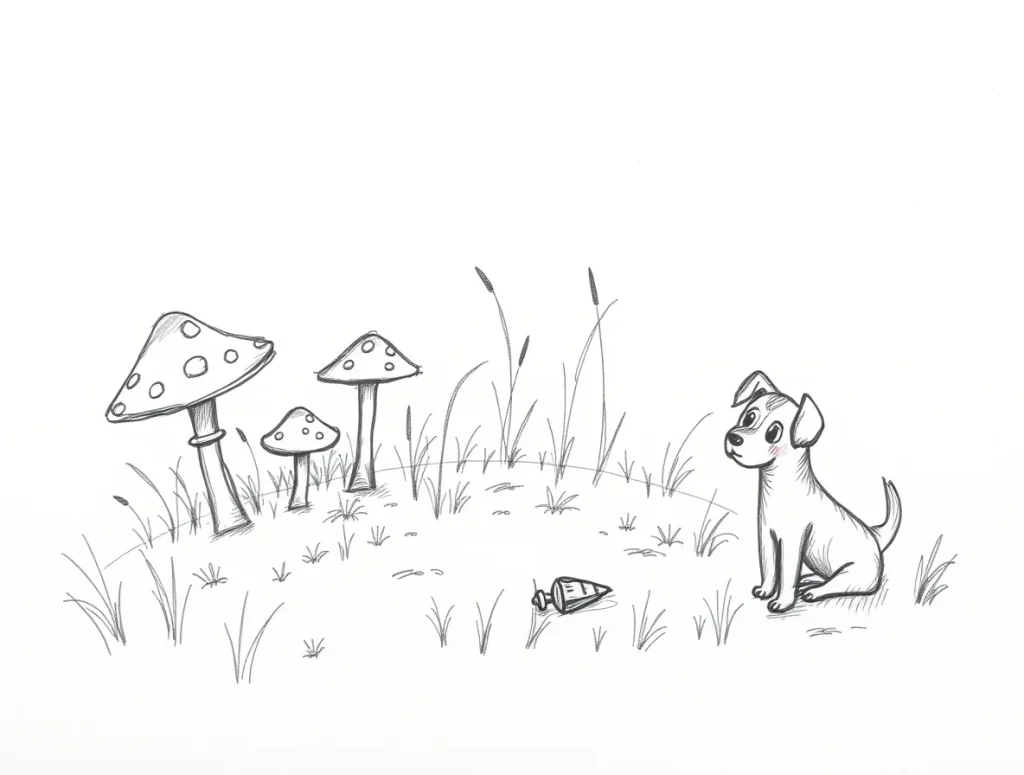 Hand-drawn black and white sketch A whimsical scene of a patch of mushrooms and tall grass