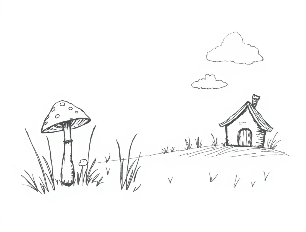 Hand-drawn black and white sketch A whimsical scene of a patch of mushrooms and tall grass