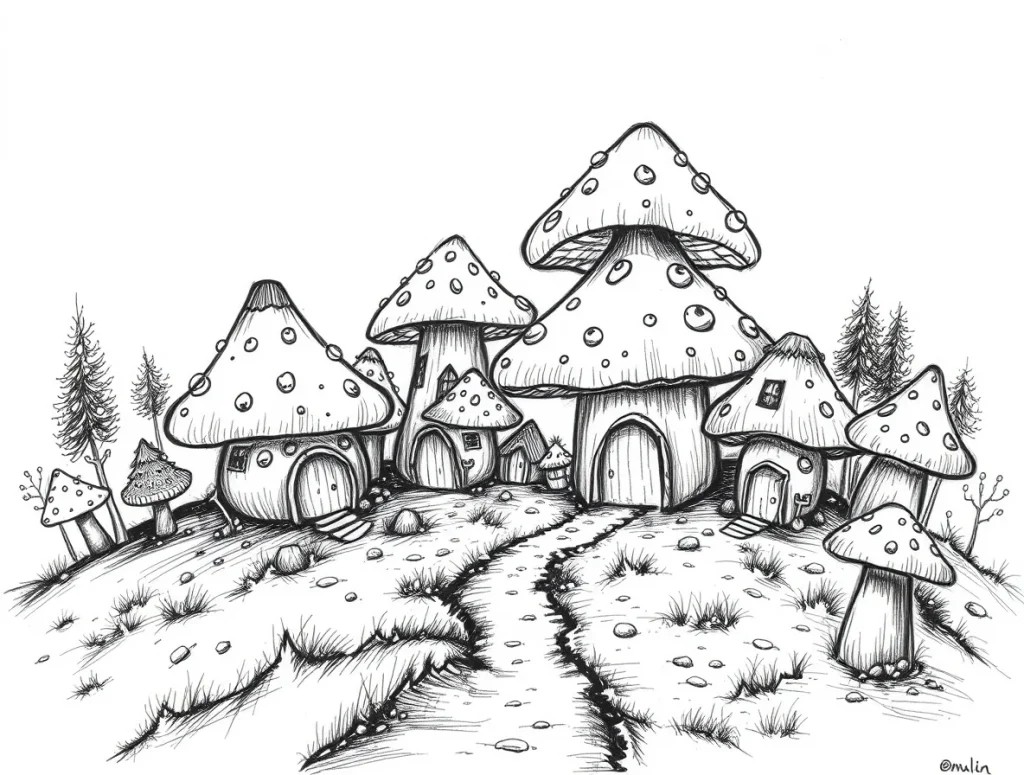 Whimsical mushroom village, detailed black and white sketch, hand-drawn, moody style